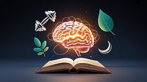 איור של מוח מואר מרחף מעל ספר פתוח, מסמל פיתוח כושר מנטלי ובריאות המוח.