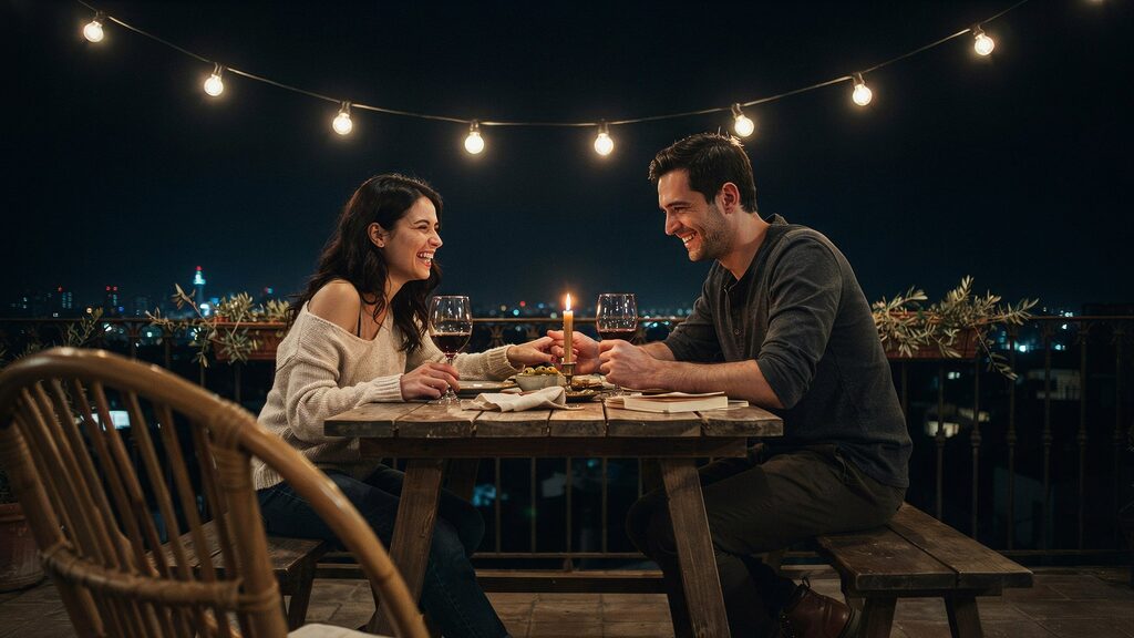 זוג מנהל שיחה עמוקה ואינטימית בדייט, כחלק מהתהליך המעשי של כיצד להשיג בחורה.