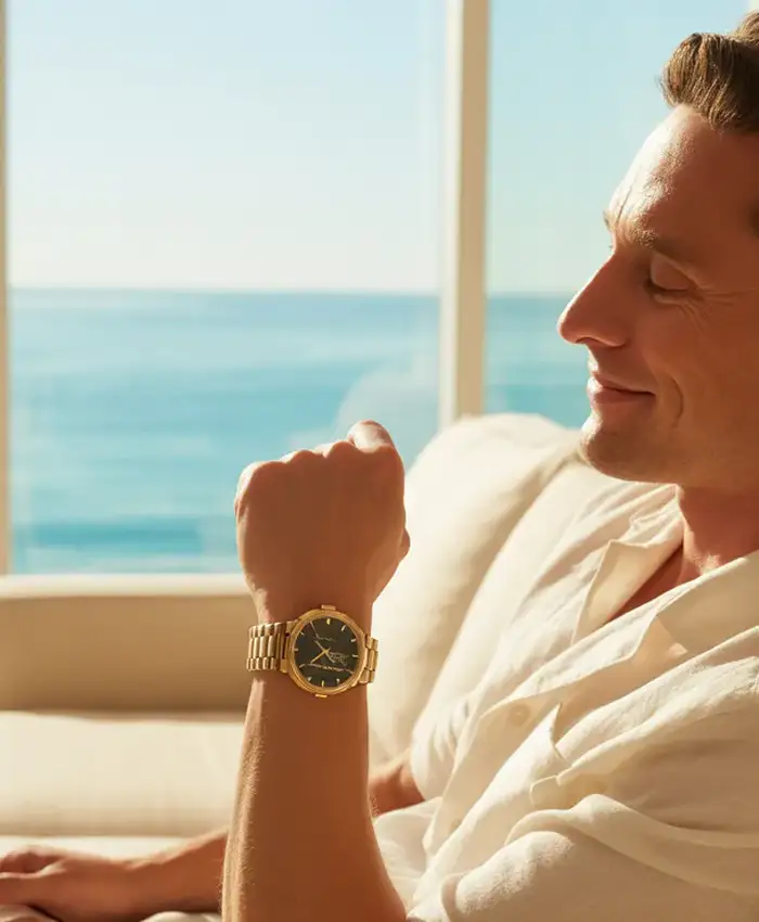 גבר רגוע ומחייך יושב מול נוף לים ומסתכל על שעון זהב, ממחיש חופש כלכלי, שקט נפשי וניהול זמן נכון מתוך המאמר האם כסף קונה אושר.